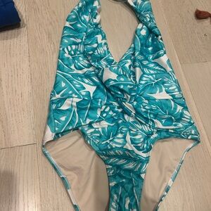Kenny Flowers Turquoise and White Tropical Halter One-Piece